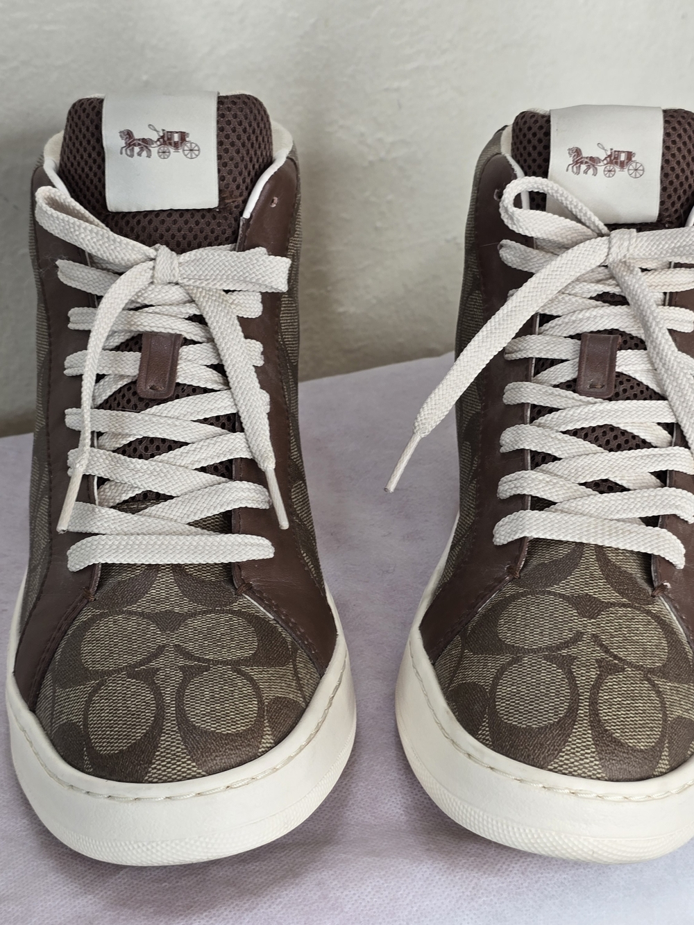 Coach Clip Signature High Top Sneakers Women’s Size 11B Brown Khaki Canvas - Picture 2 of 14